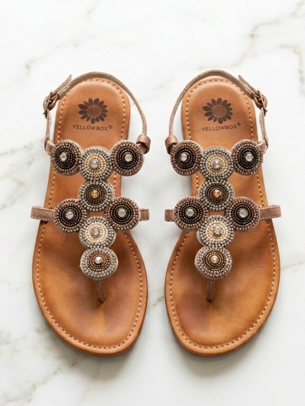 Yellow Box Wendal Beaded Jeweled Sandals Gold Silver Tan Size 8
